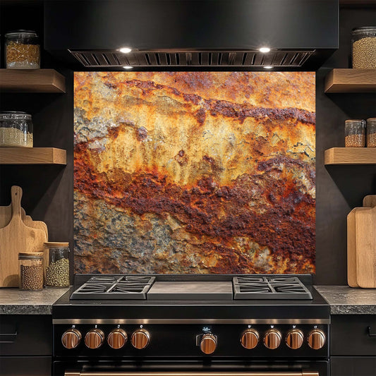 Stainless steel stove with rustic glass backsplash in a kitchen setting