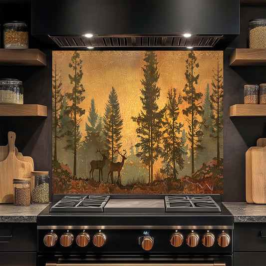 Kitchen stove with a forest-themed glass backsplash
