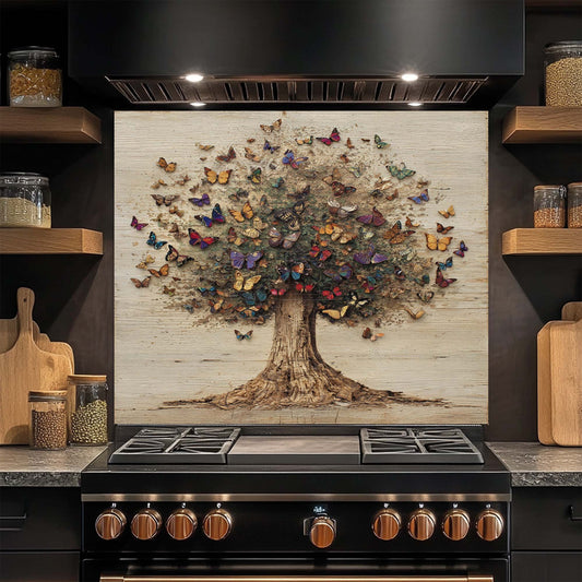 Butterfly Tree – Tempered Glass Backsplash for Kitchen | Colorful Tree of Life Backsplash