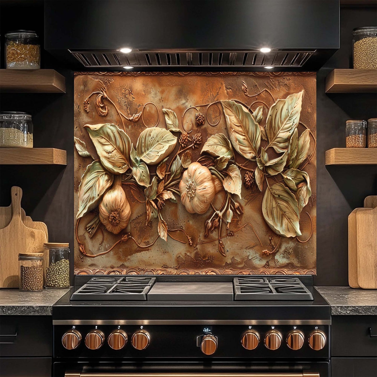 Decorative kitchen glass backsplash with floral design above a stove