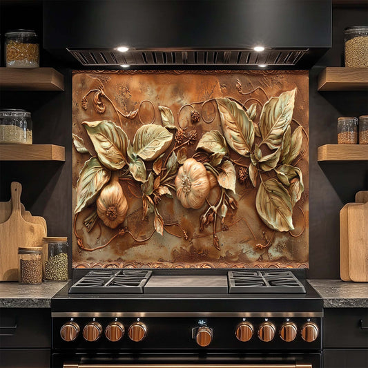 Decorative kitchen glass backsplash with floral design above a stove