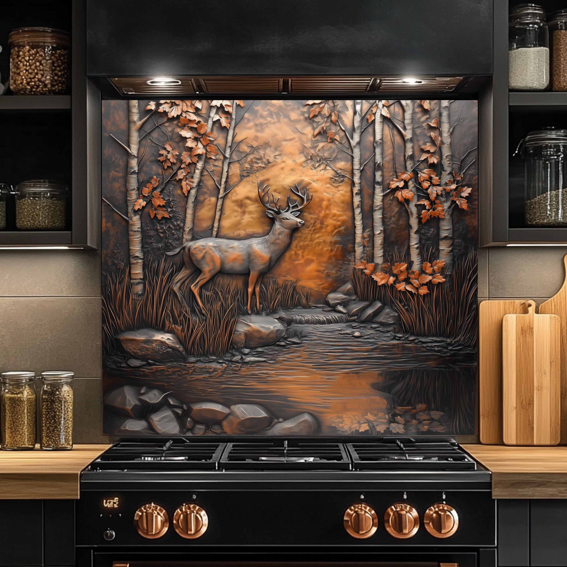 Decorative backsplash with a deer in a forest design above a kitchen stove.