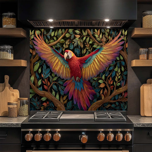 Kitchen stove with a colorful parrot design on the glass backsplash