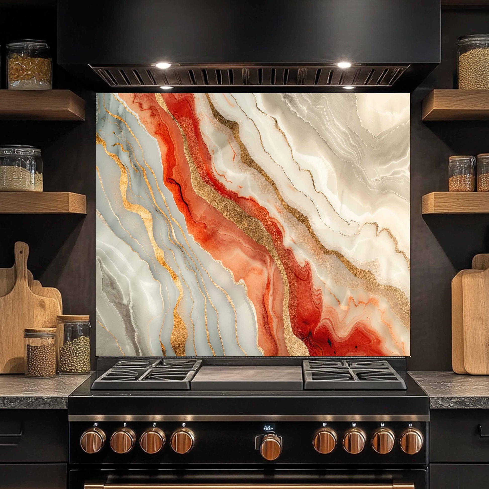 Stainless steel stove with abstract art panel in a kitchen setting