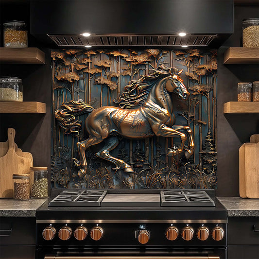 Stainless steel stove with decorative horse glass backsplash in a kitchen setting