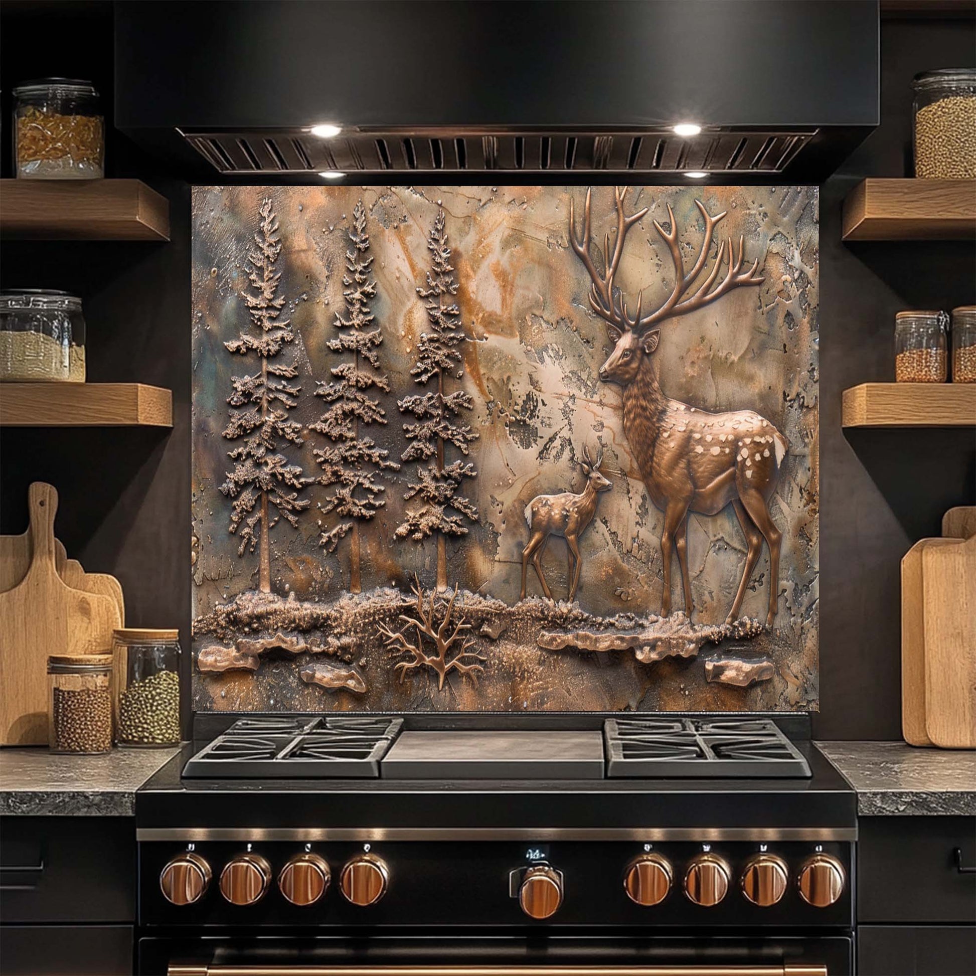 Decorative glass backsplash with deer and forest design above a stove in a kitchen.