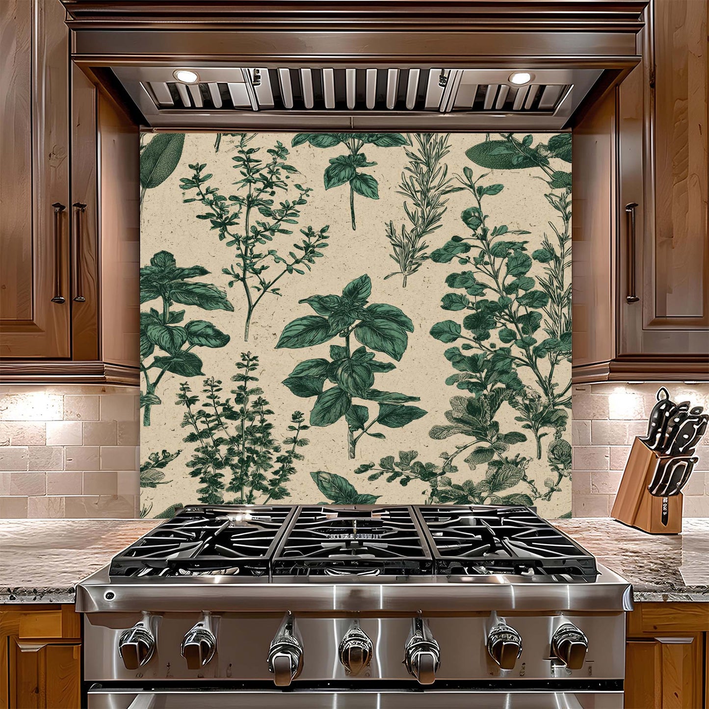 Stainless steel gas stove with a decorative glass backsplash featuring green leaf patterns in a kitchen setting.