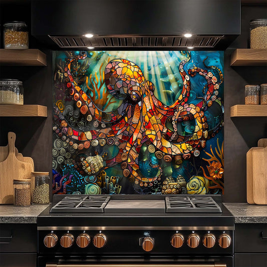 Stylish kitchen with a colorful octopus artwork on a glass backsplash above a stove.
