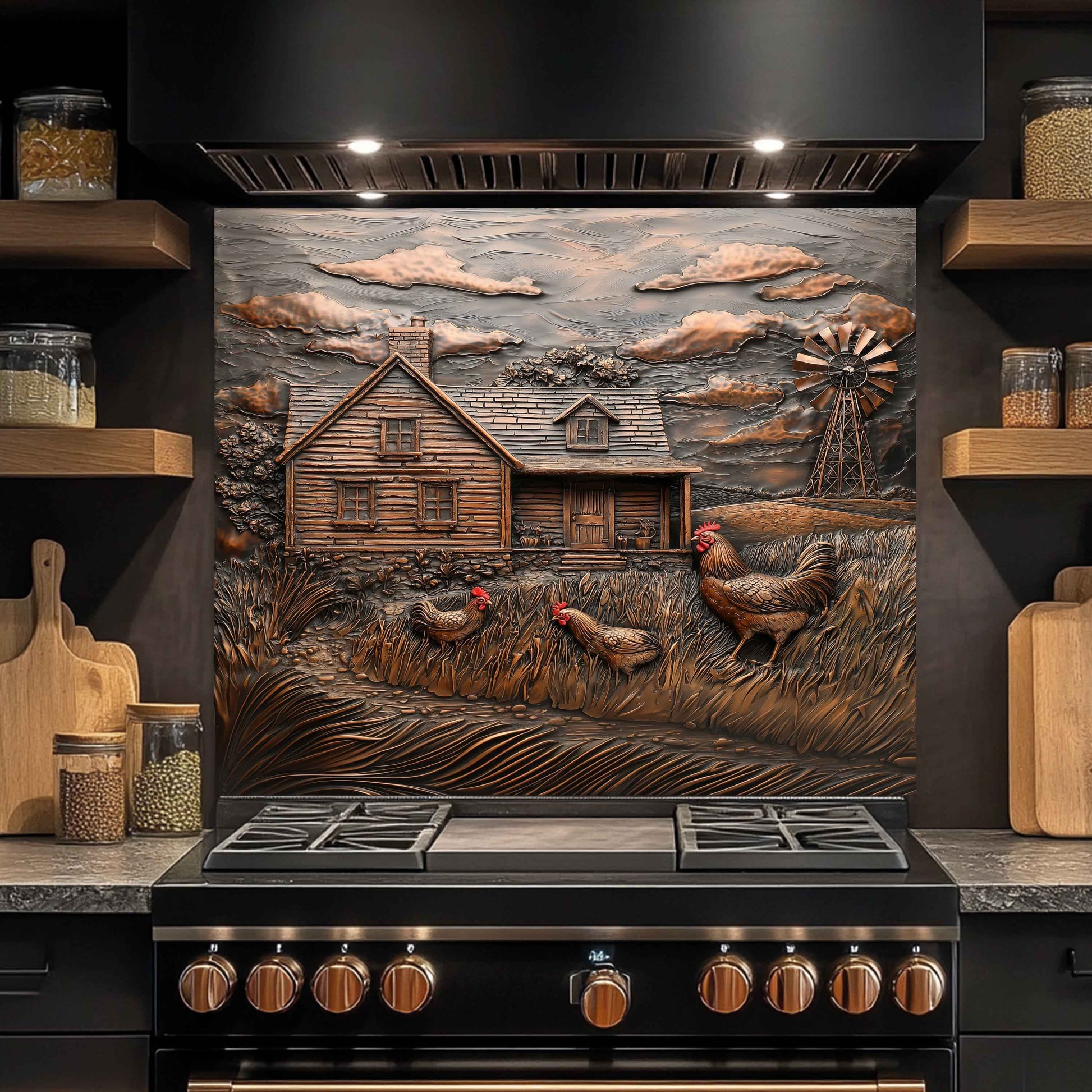 Decorative kitchen backsplash with a rustic scene featuring a cabin and chickens, above a stove.