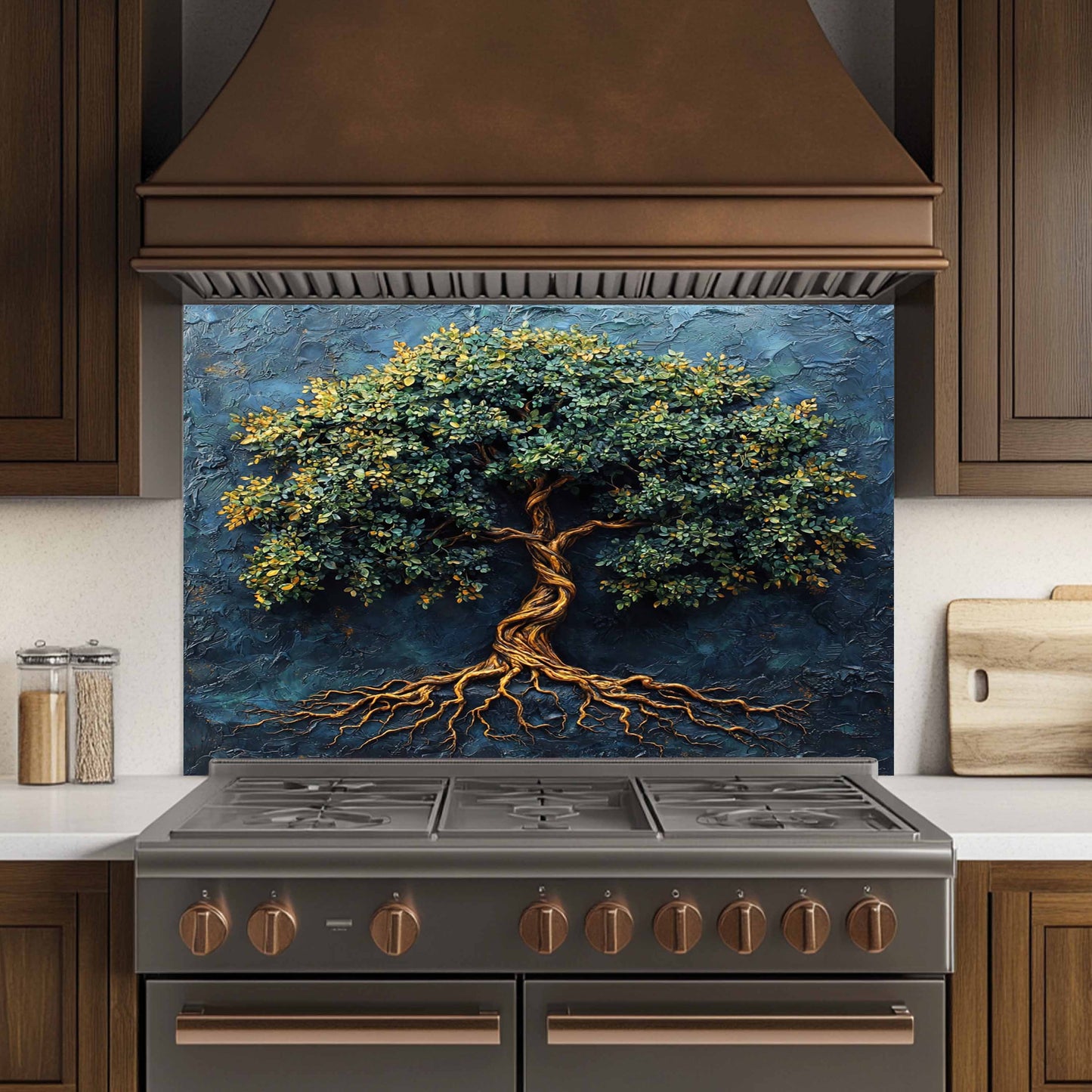 Kitchen backsplash with a tree design above a stove in a kitchen.