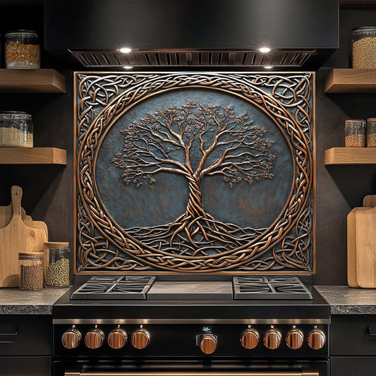 Decorative glass backsplash with a tree design above a stove in a kitchen setting.