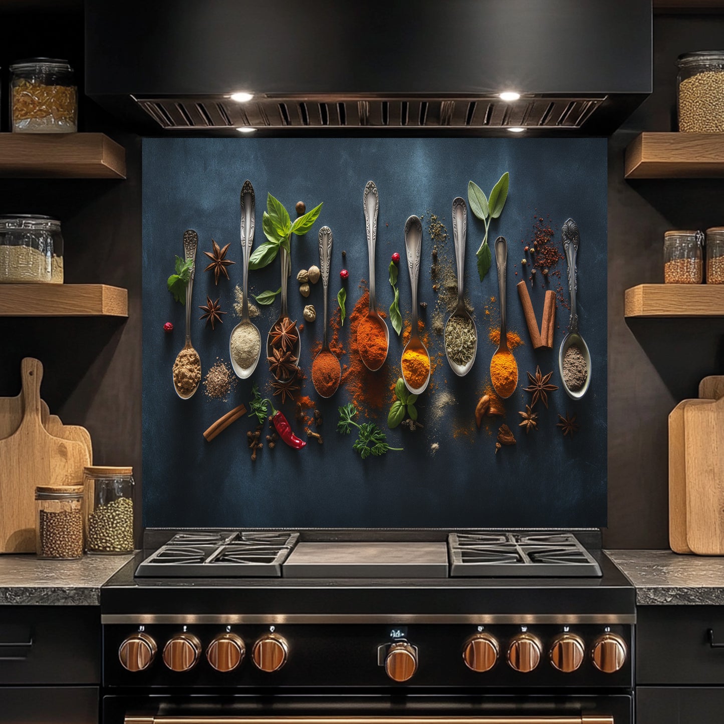 Stove with decorative wall of spices and herbs in a kitchen setting