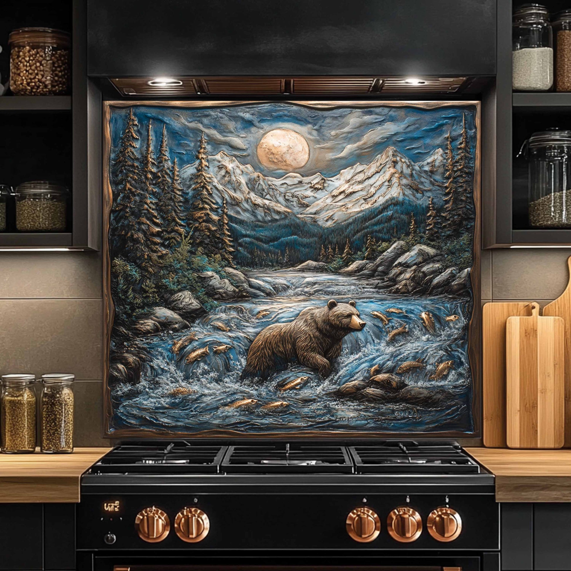 Stainless steel stove with a decorative backsplash featuring a bear and fish scene in a mountainous landscape.