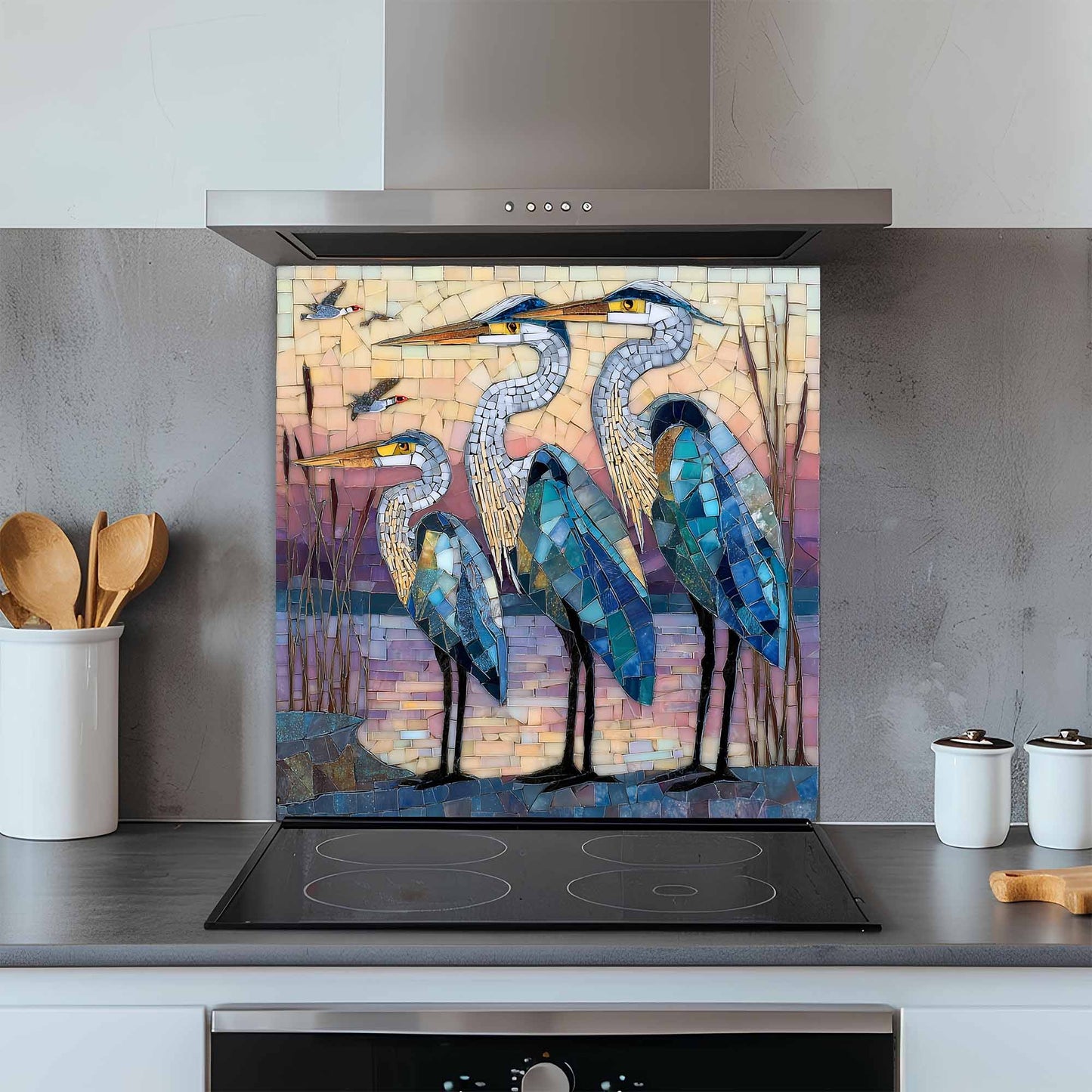 Kitchen with a decorative glass splashback featuring herons.