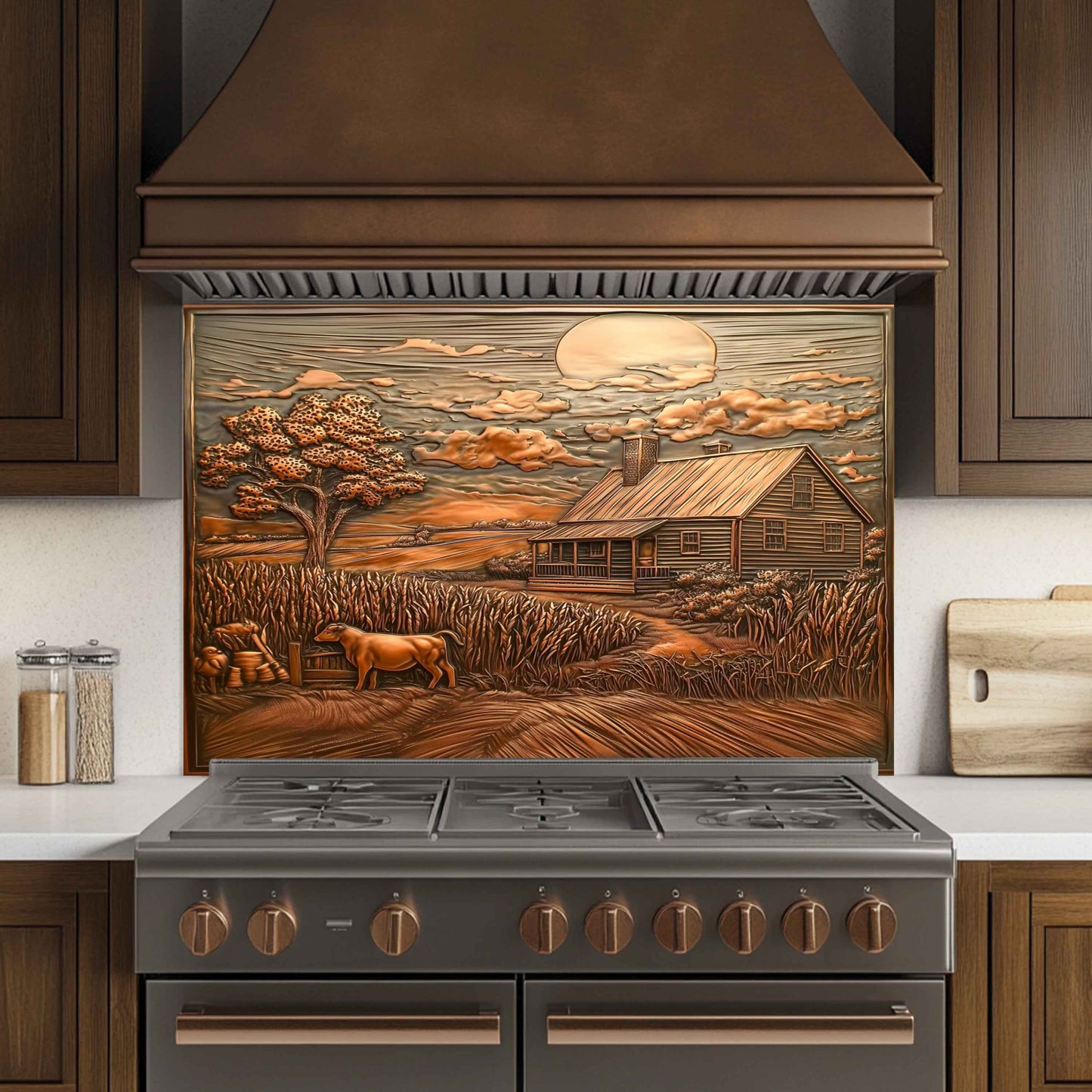 Decorative backsplash with a farm scene above a stove in a kitchen.