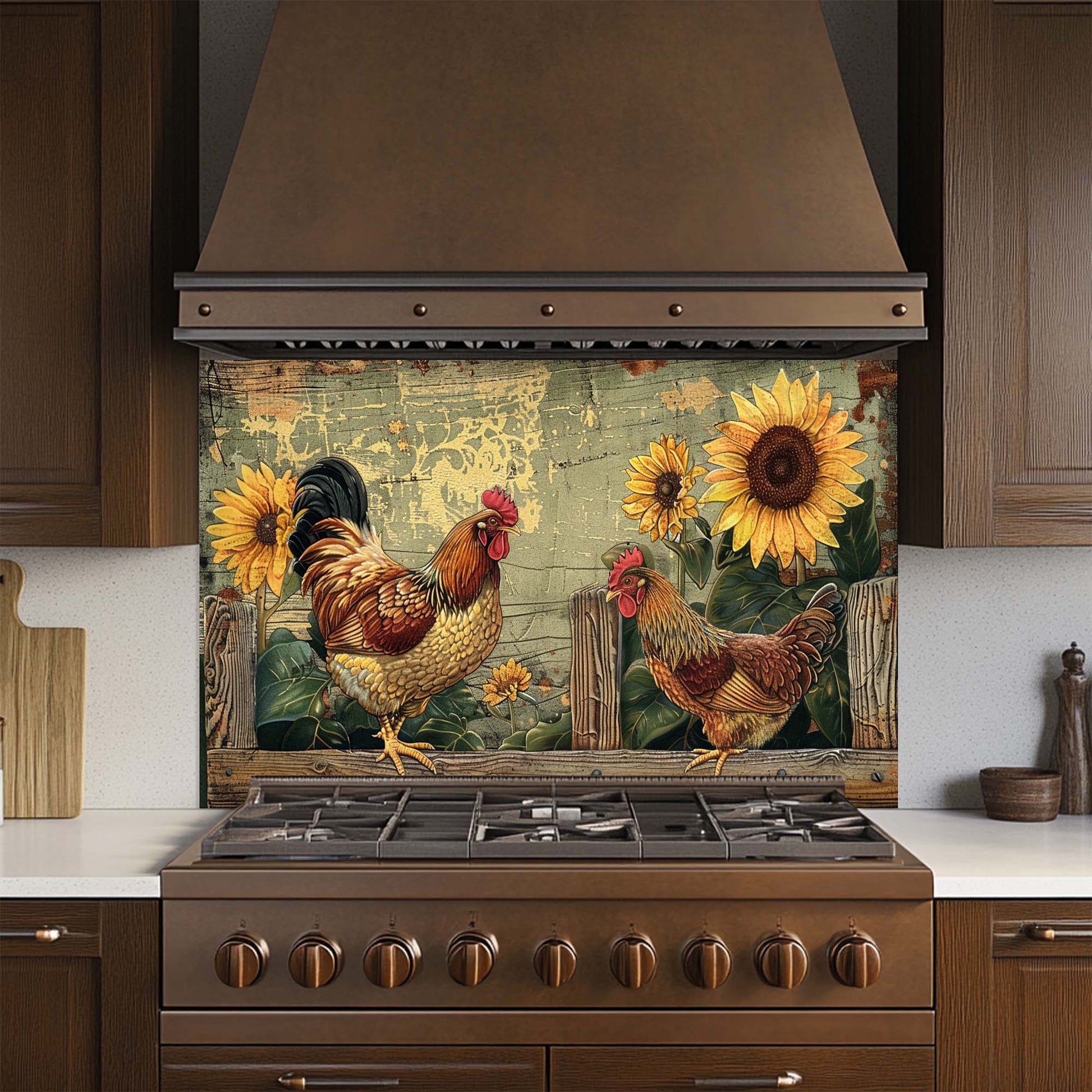 Kitchen stove with a decorative backsplash featuring roosters and sunflowers.