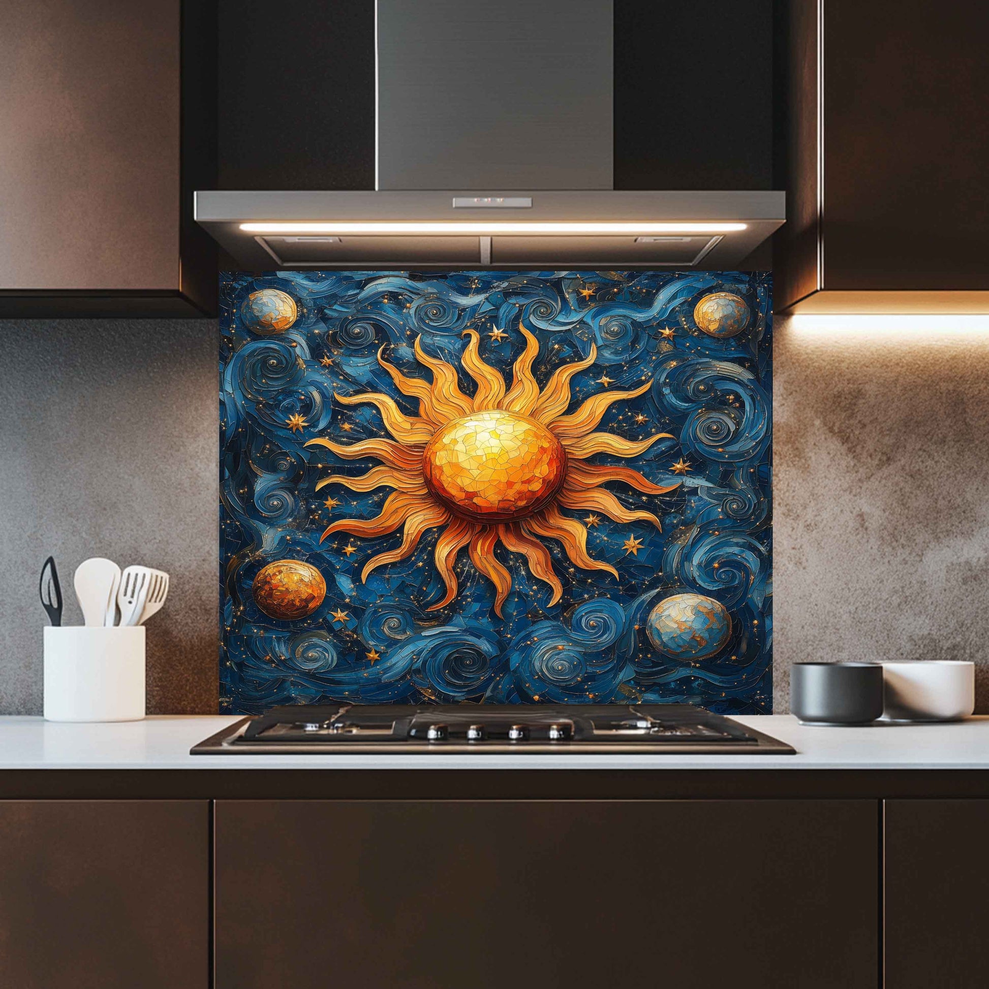 Kitchen with a decorative backsplash featuring a sun and planets design.
