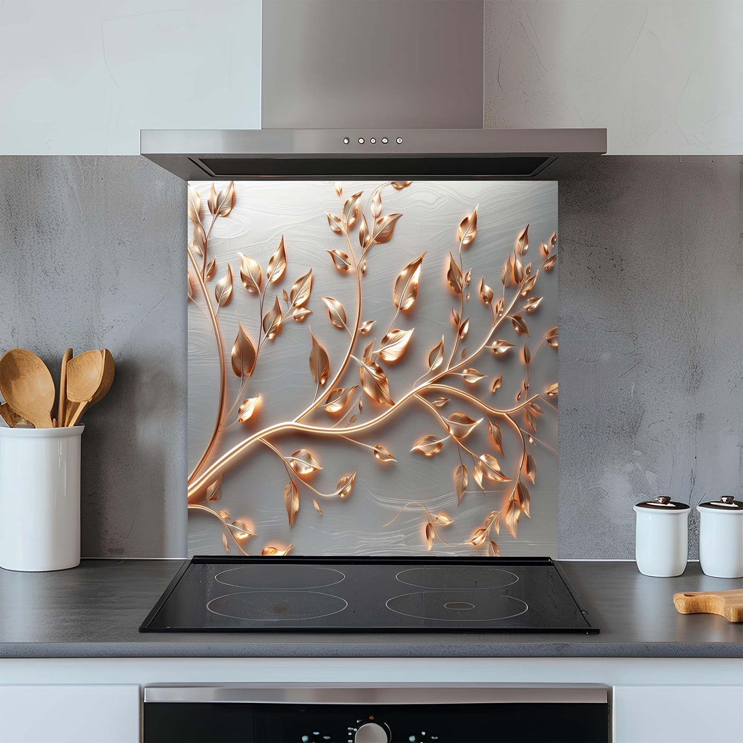 Leuchtende Äste – Rückwand aus gehärtetem Glas für die Küche – Botanische Spritzschutzwand