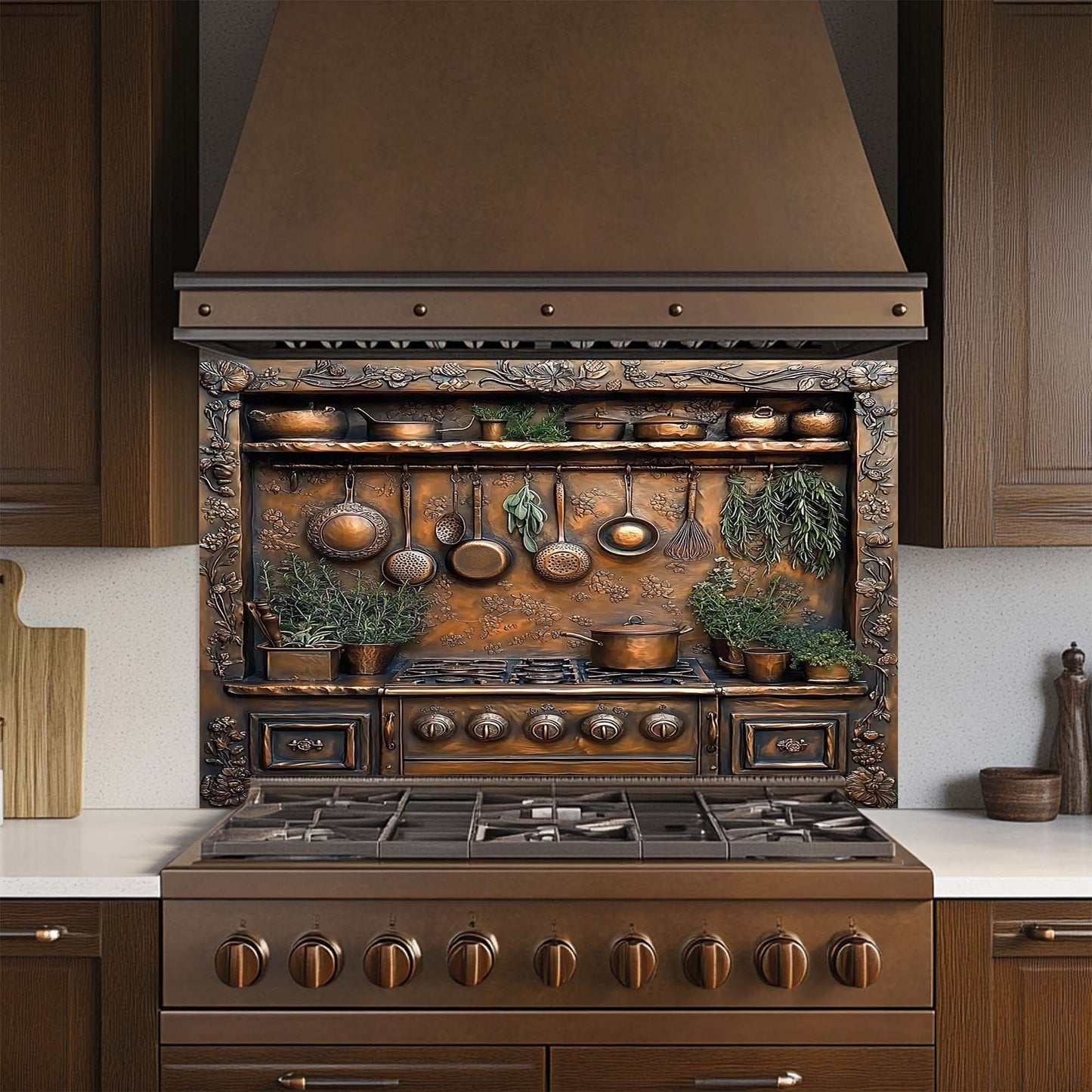 Copper look kitchen backsplash with hanging pans, herbs, and vintage stove – botanical tempered glass panel for rustic kitchens