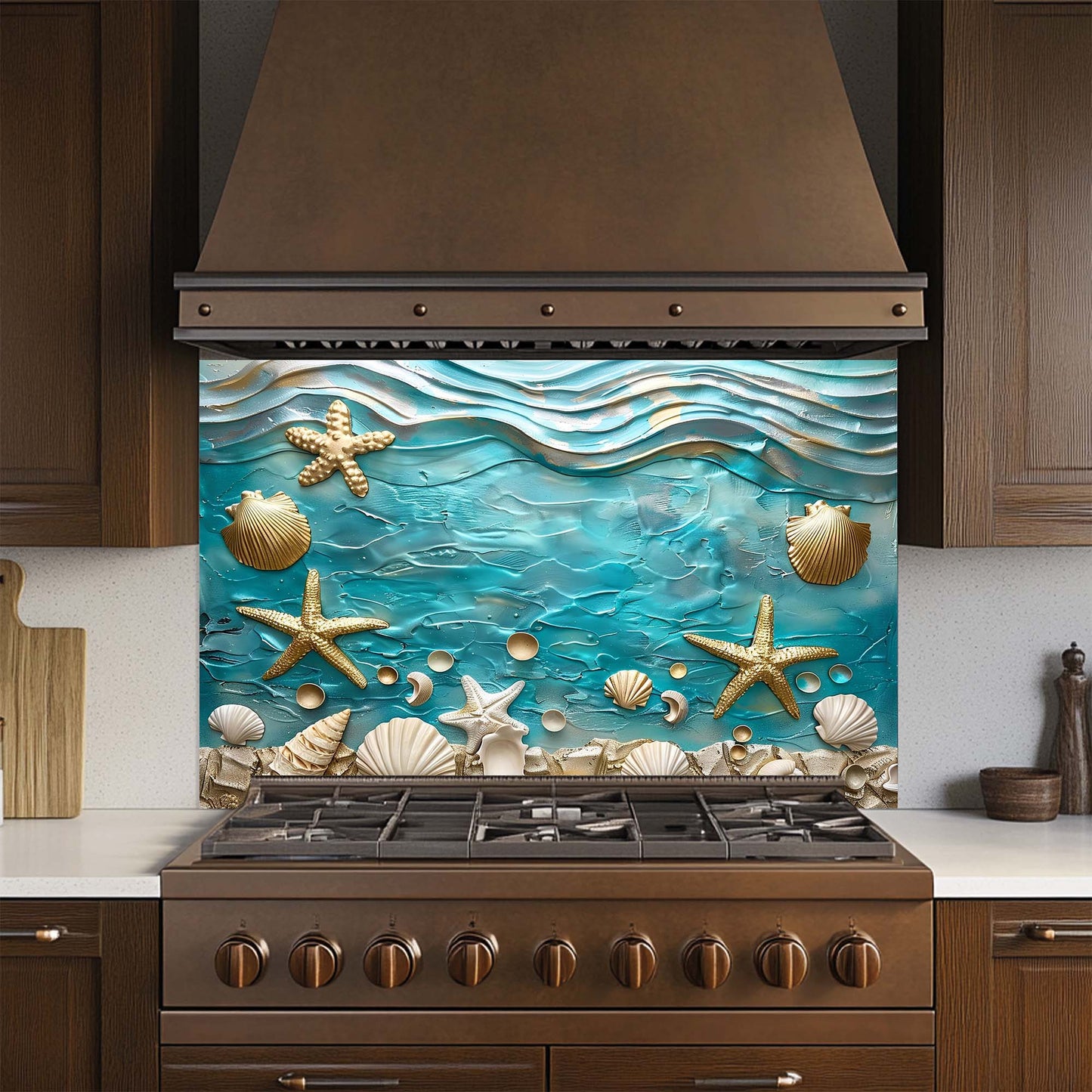 Kitchen stove with decorative glass backsplash featuring ocean-themed design.