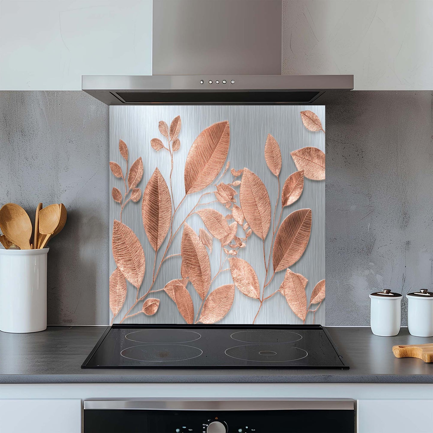 Roségoldene Blätter – Küchenrückwand aus gehärtetem Glas – Botanischer Küchenspritzschutz