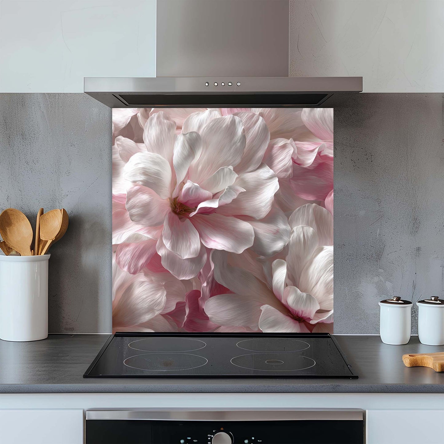 Kitchen with a floral design glass splashback behind a stove