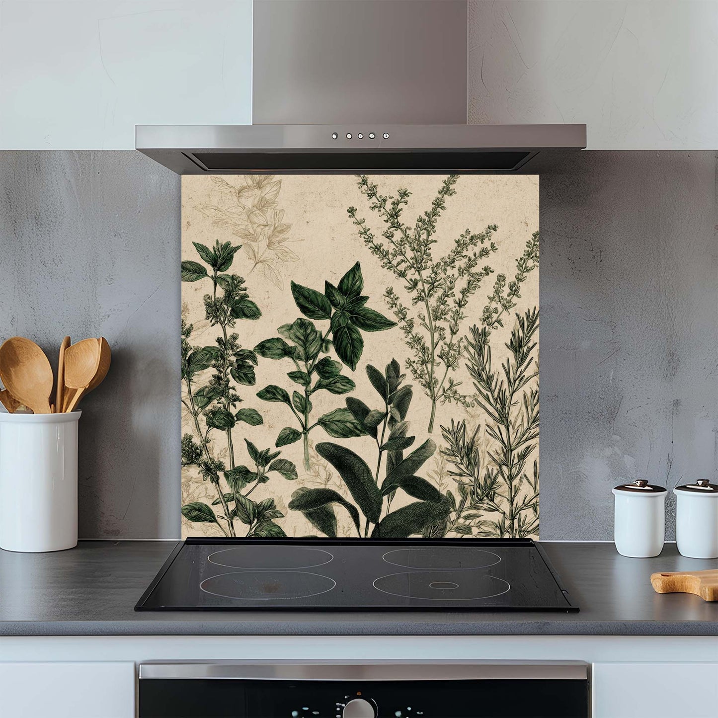 Kitchen with a decorative glass splashback featuring botanical designs.