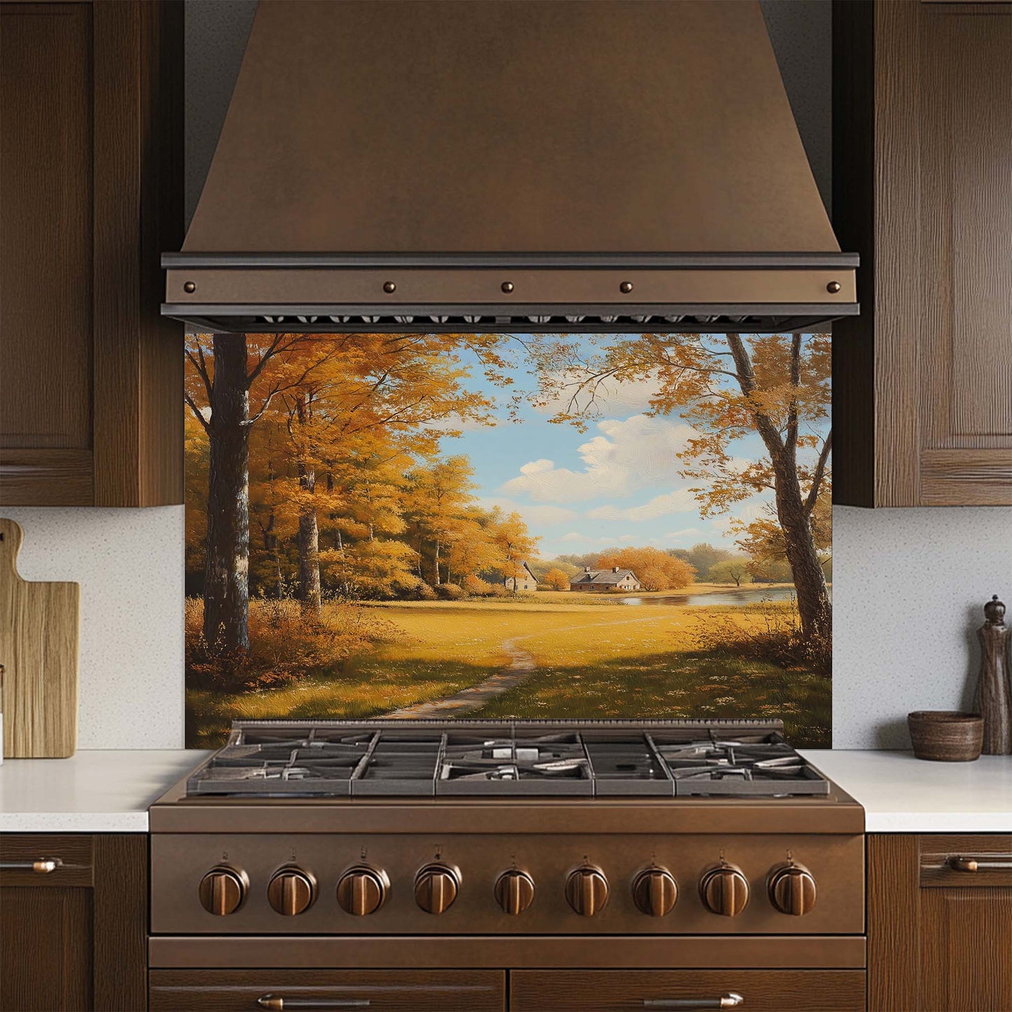 Golden forest landscape with cottage printed on tempered glass backsplash. Perfect for cozy fall-inspired kitchens.