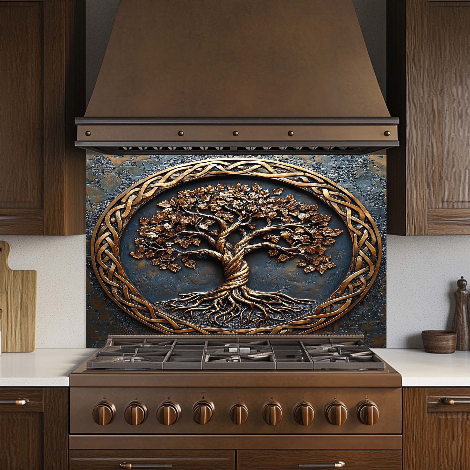 Decorative kitchen backsplash with tree design above a stove
