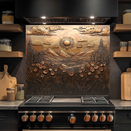 Decorative backsplash with mountain and sun design above a stove in a kitchen.