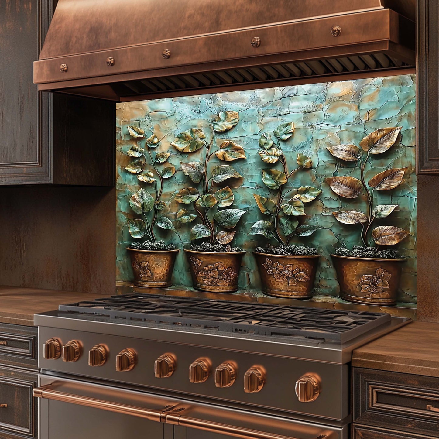 Kitchen stove with decorative glass backsplash featuring potted plants