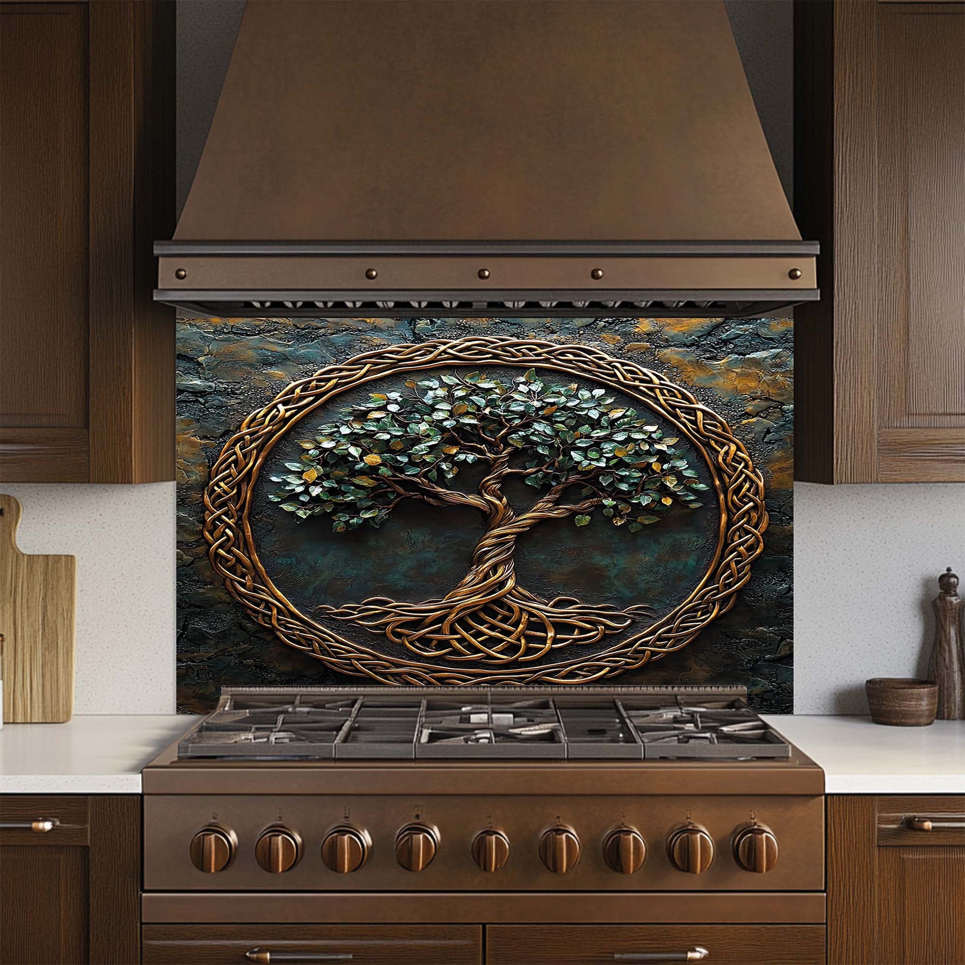 Decorative kitchen backsplash with tree design above a stove