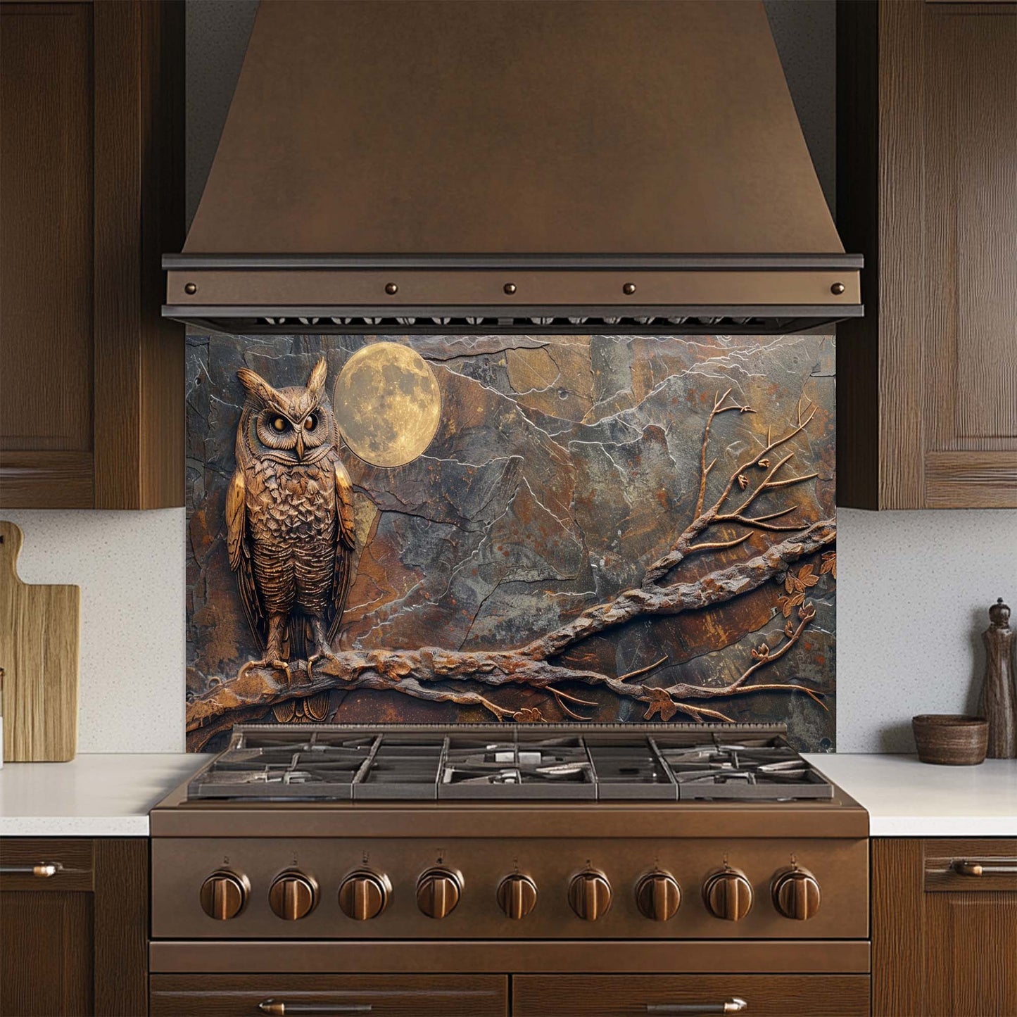Kitchen stove with decorative owl and moon backsplash
