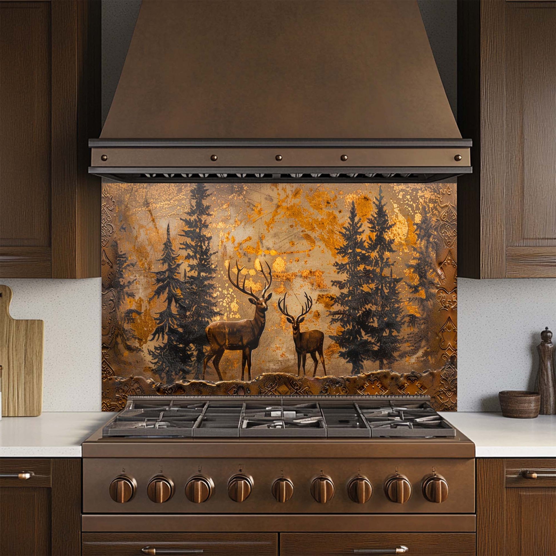 Kitchen stove with a decorative glass backsplash featuring deer and trees
