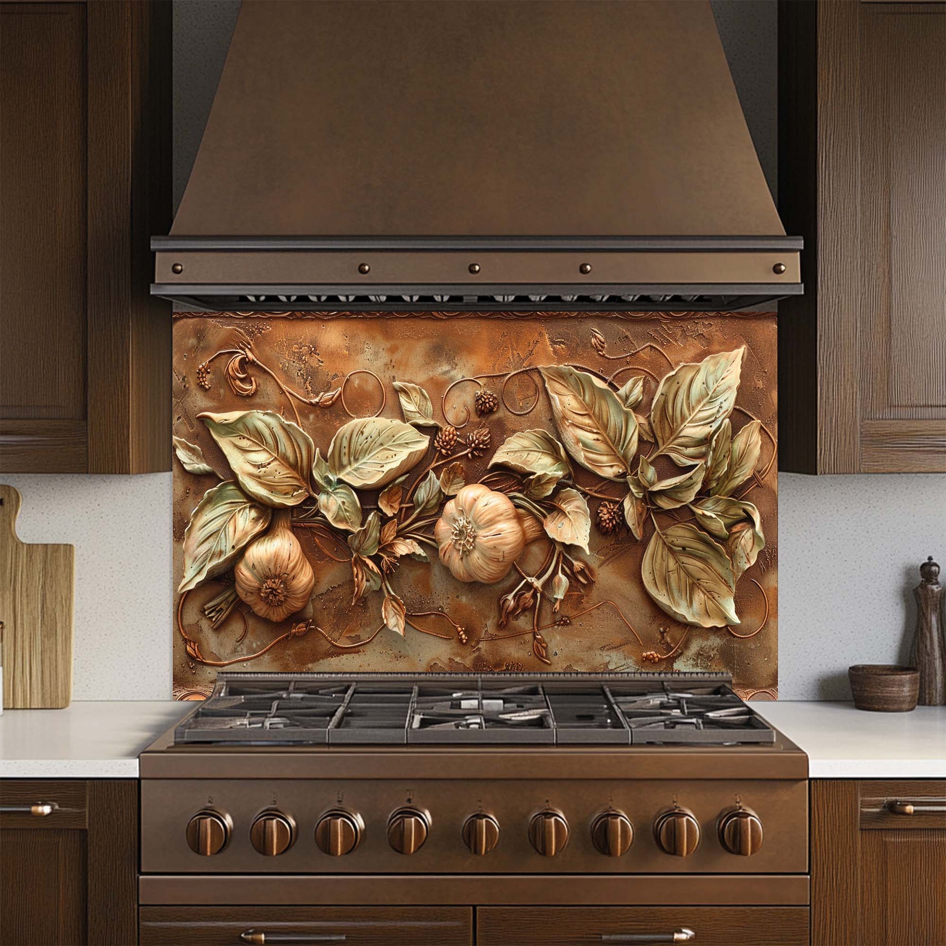 levate your kitchen with Golden Harvest Relief – a Tuscan-inspired tempered glass backsplash with garlic, pumpkin & copper tones. Heat-resistant and easy to clean.