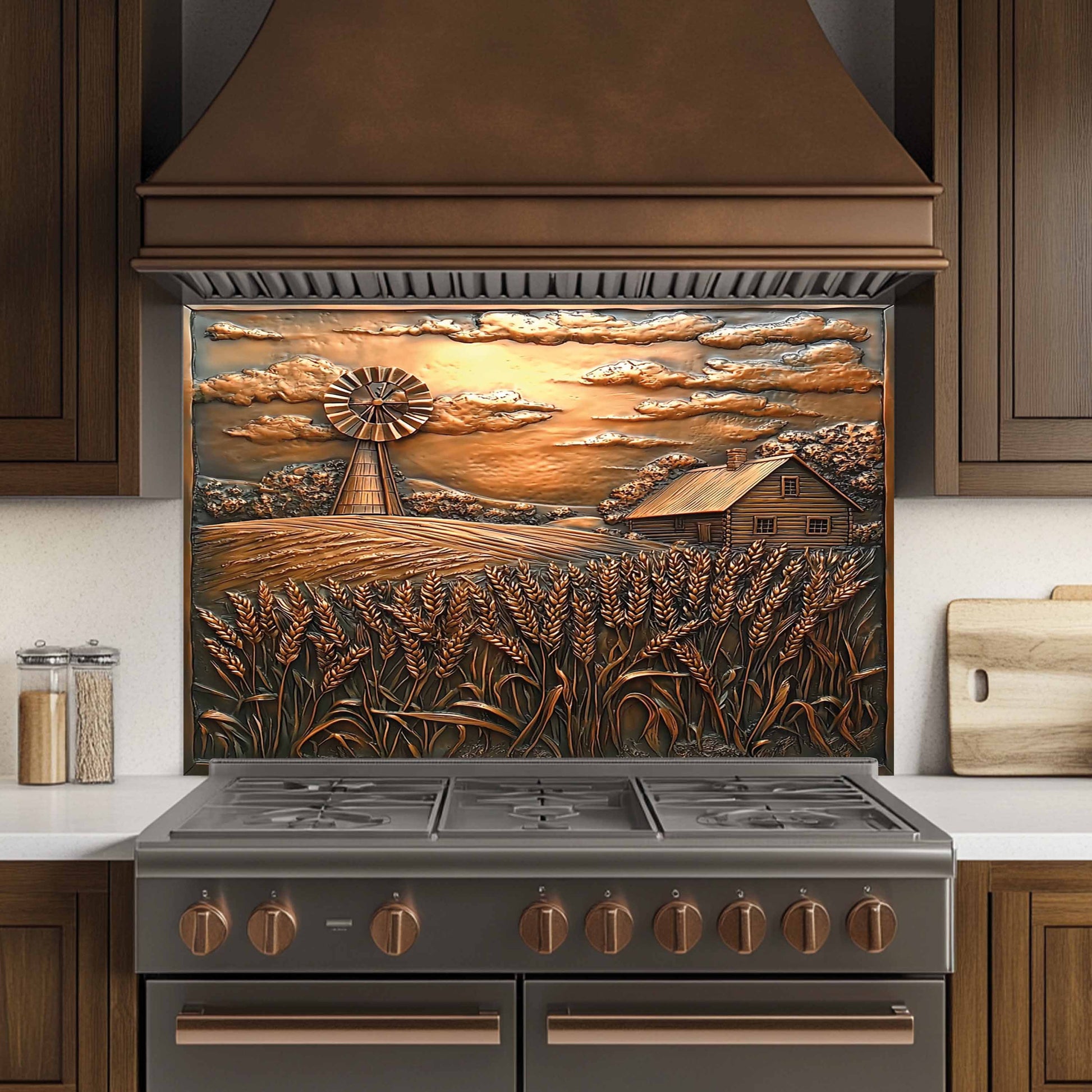 Stainless steel stove with decorative backsplash featuring a windmill and landscape design in a kitchen setting.