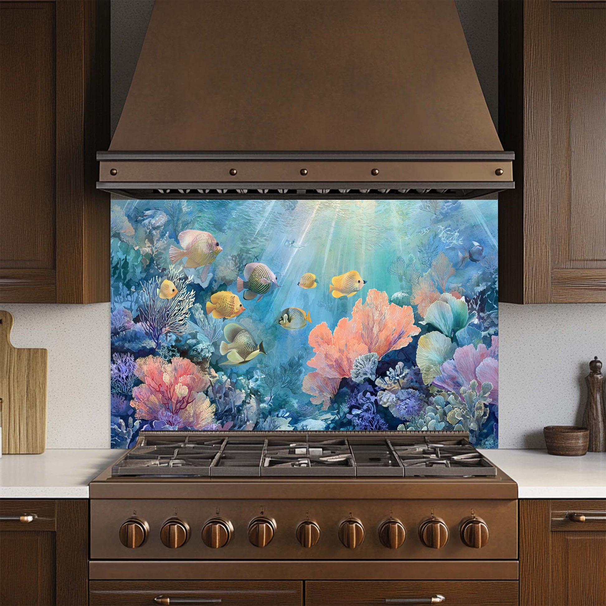 Kitchen stove with a colorful underwater-themed glass backsplash