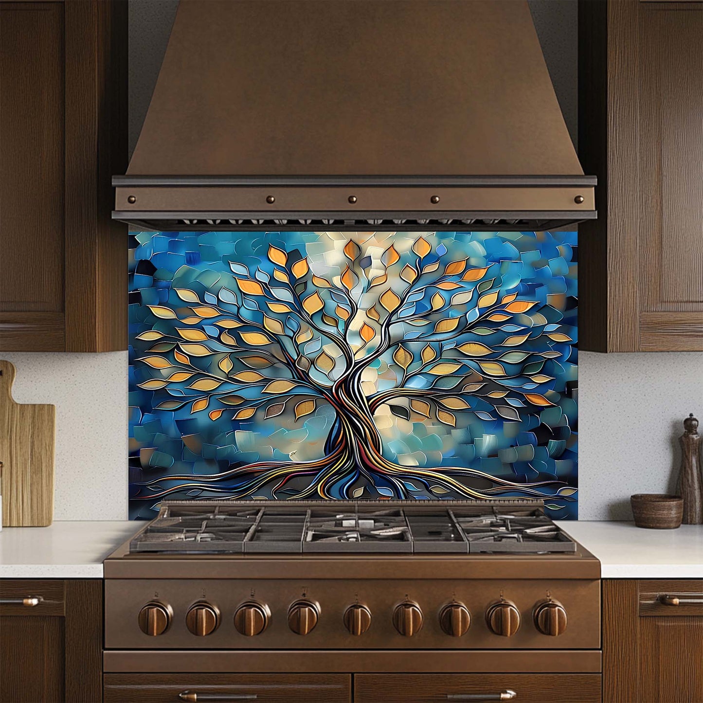 Decorative tree glass backsplash on a kitchen stove with wooden cabinets and appliances.