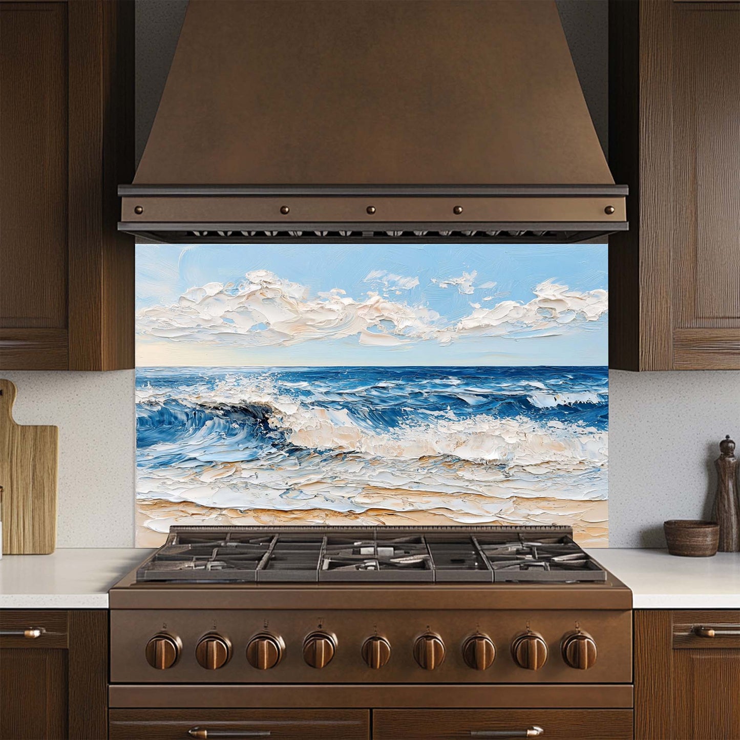 Ocean wave beach design on tempered glass backsplash. Glossy, textured look, easy to clean, custom size backsplash.