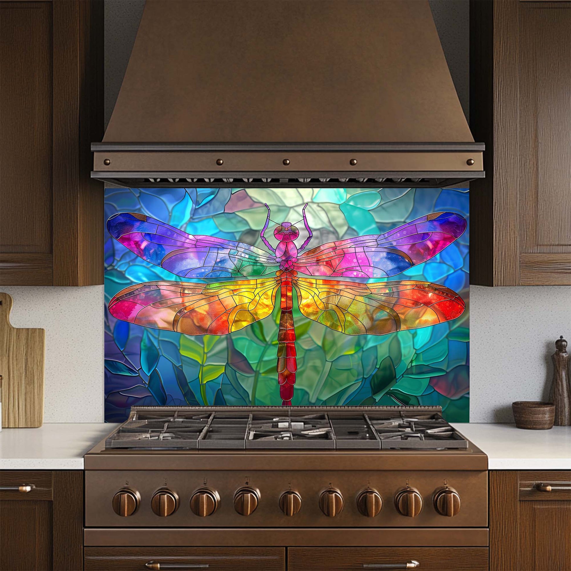 Stainless steel stove with a colorful dragonfly design on the glass backsplash in a kitchen setting.
