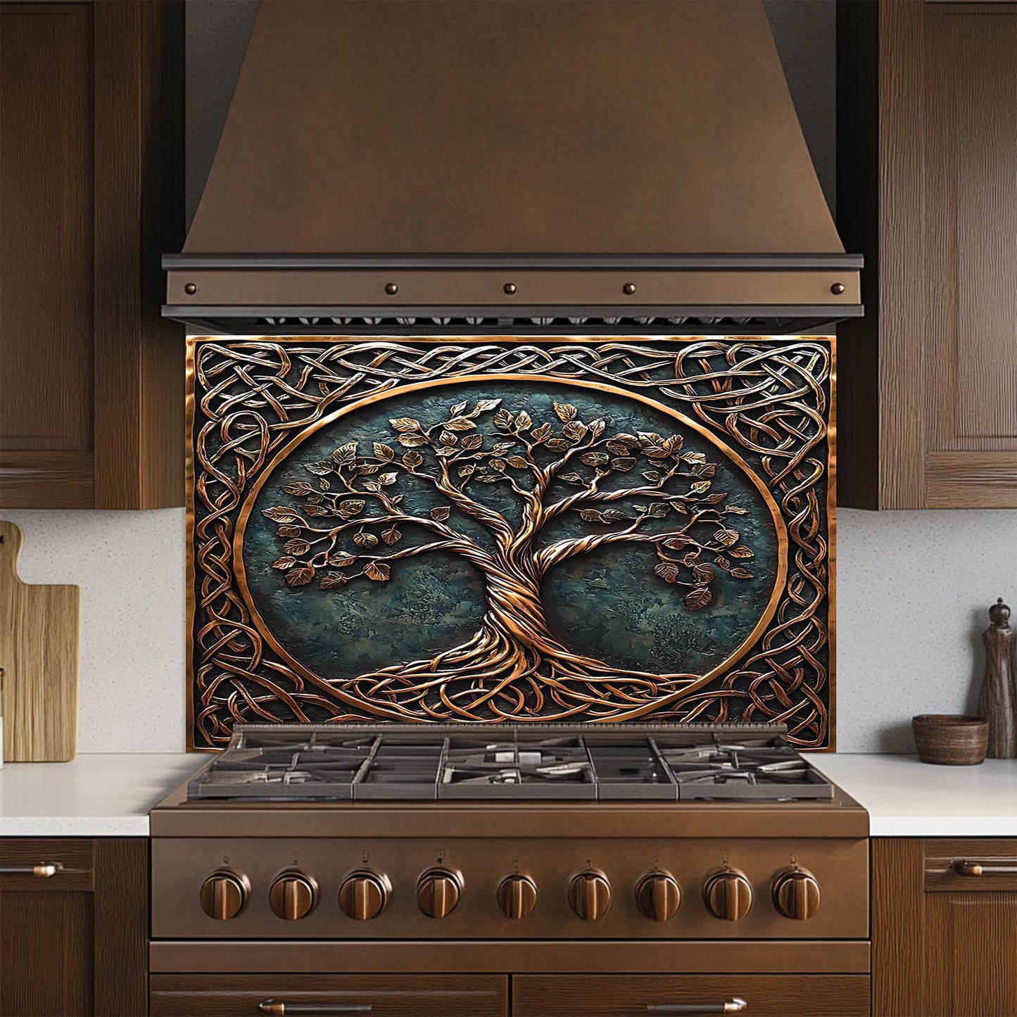 Decorative stove backsplash with tree design in a kitchen setting