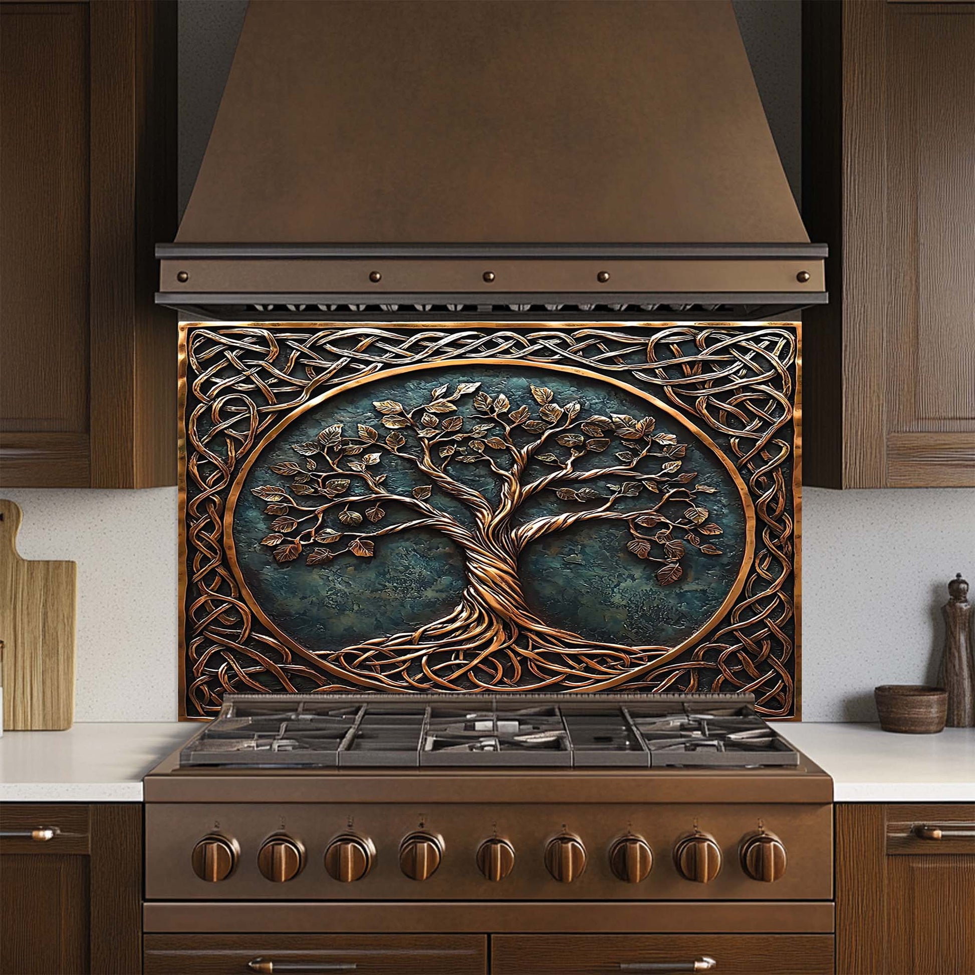 Decorative stove backsplash with tree design in a kitchen setting