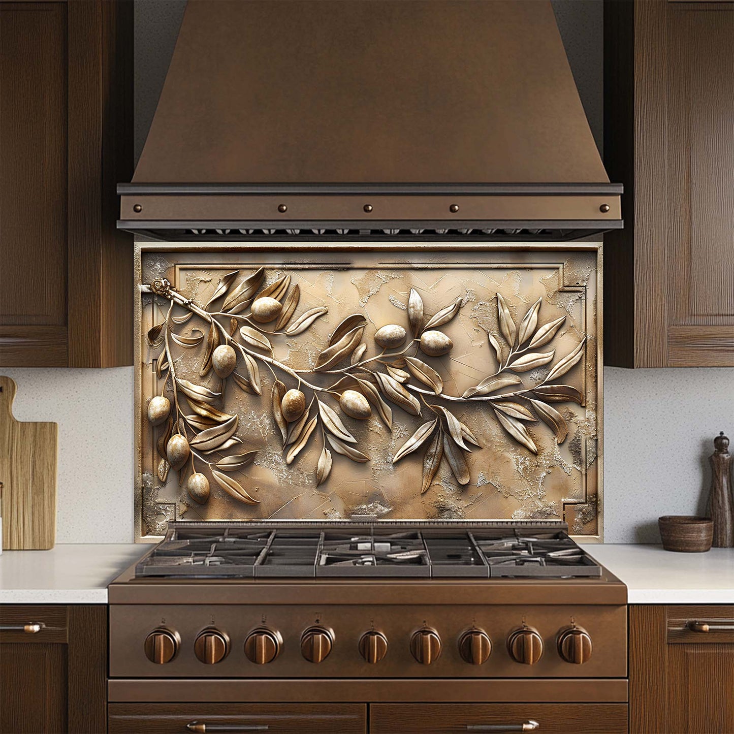 Decorative glass backsplash with leaf design above a stove in a kitchen.