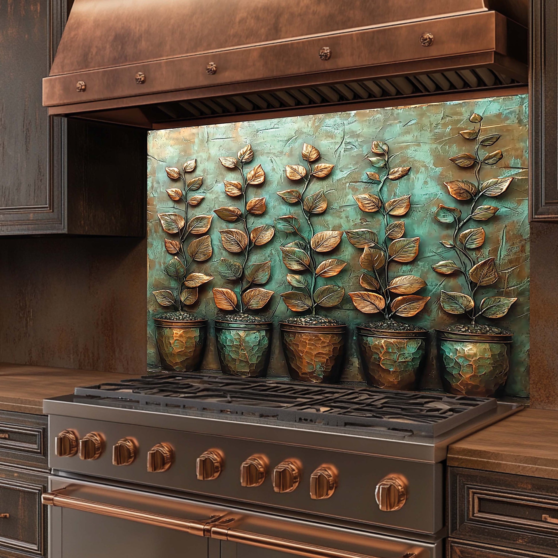 Stainless steel stove with decorative leaf-patterned backsplash