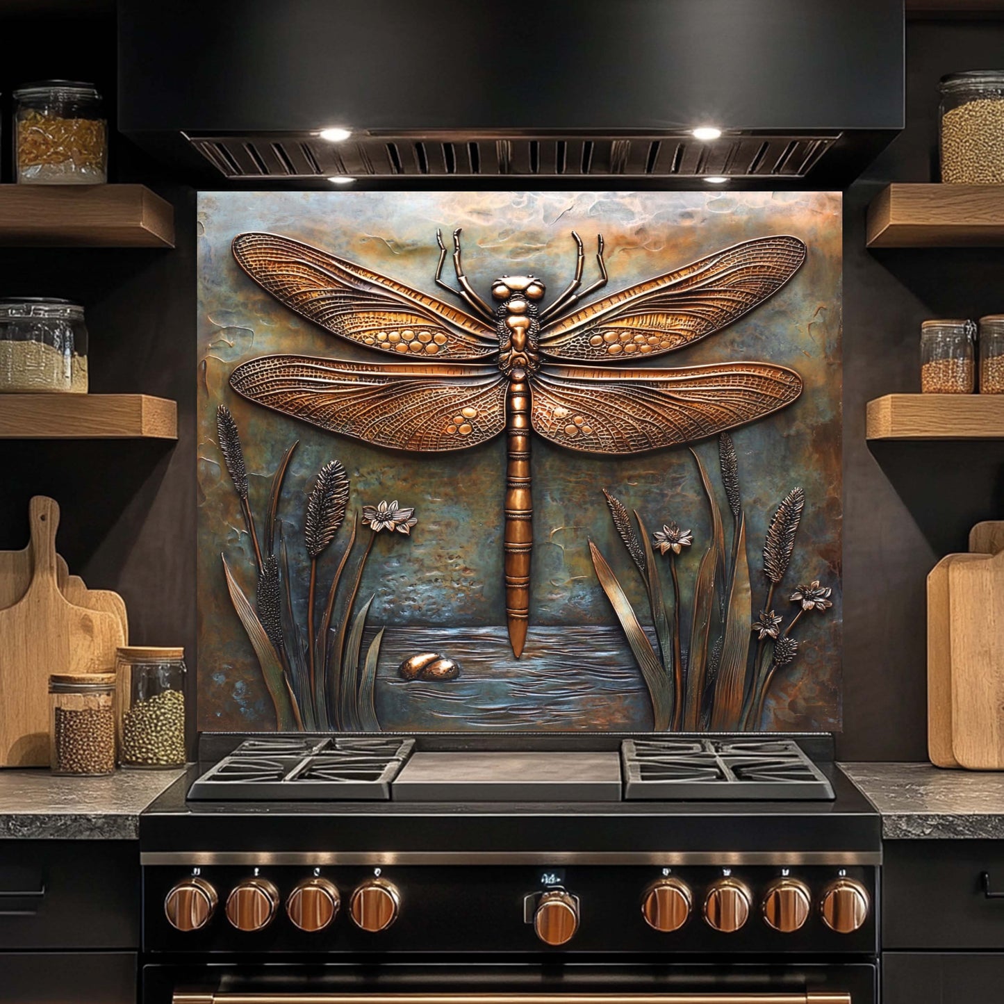Decorative dragonfly glass backsplash above a stove in a kitchen setting.