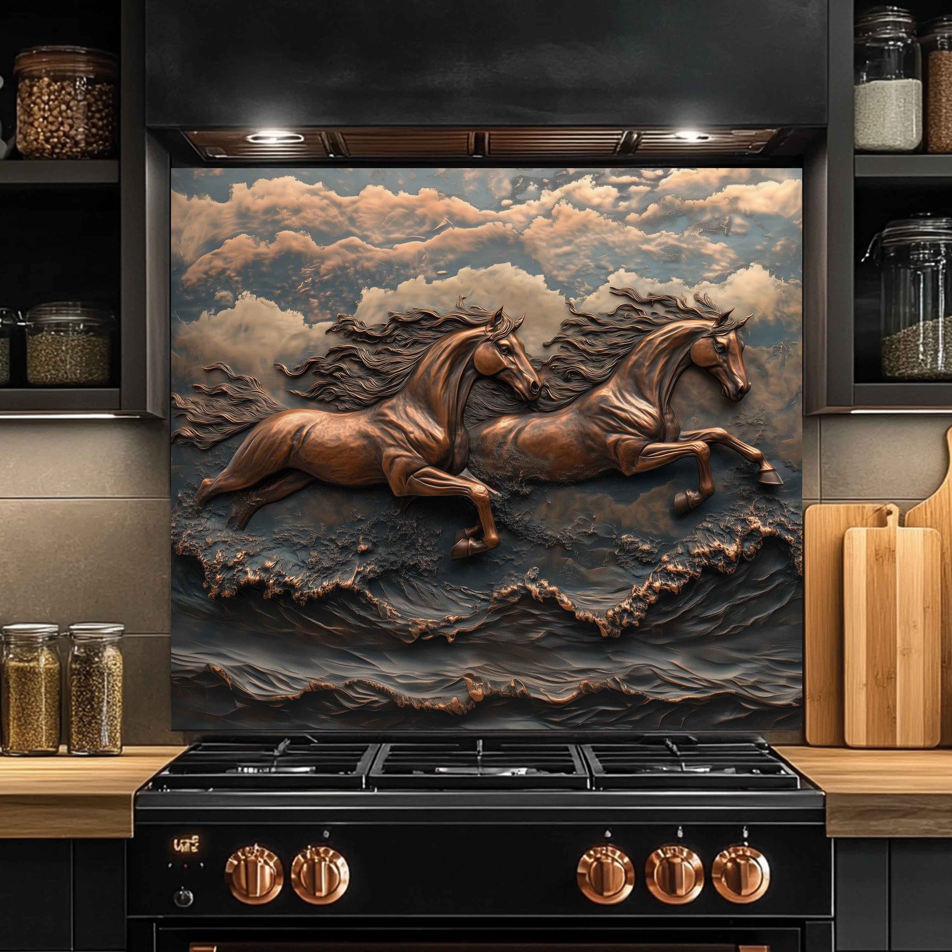 Decorative backsplash with running horses in a kitchen setting