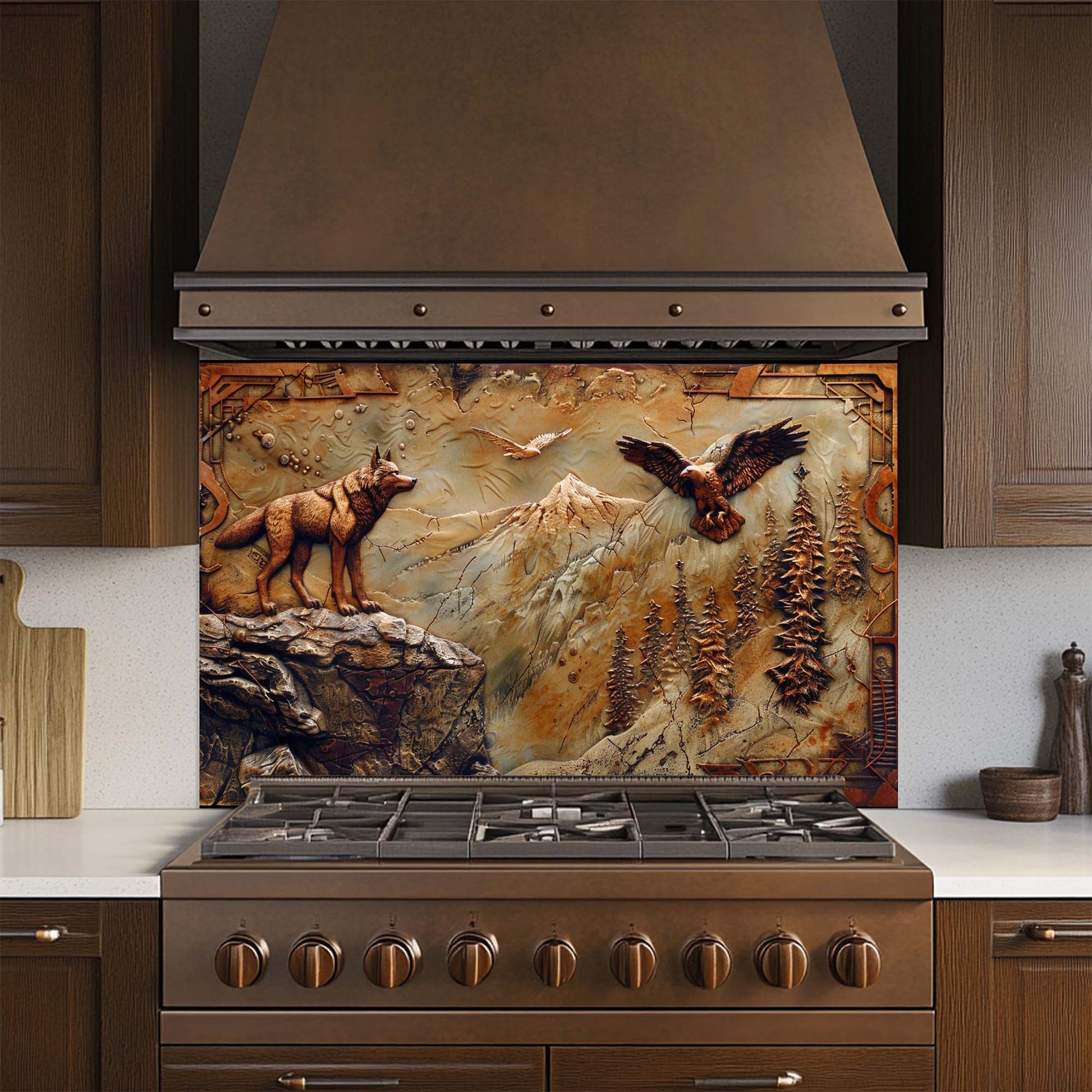 Kitchen stove with a decorative glass backsplash featuring wolves and an eagle.