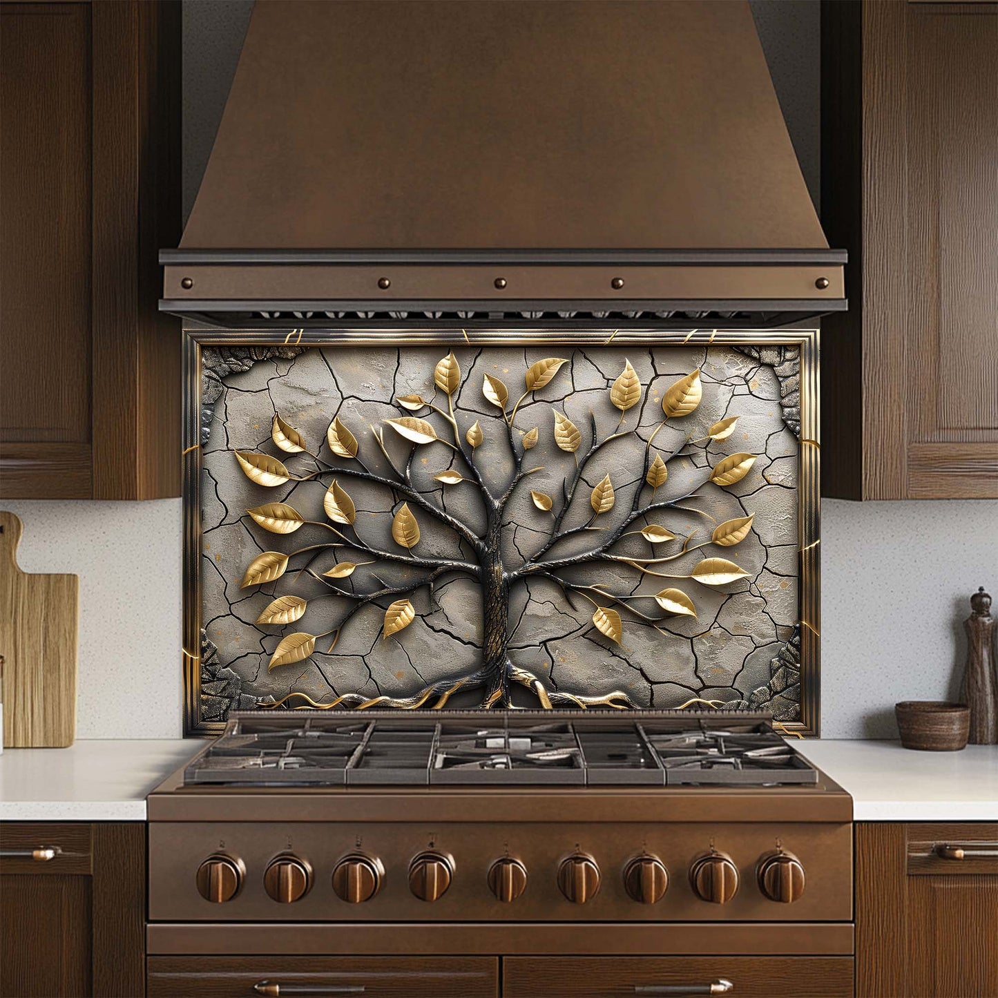 Stainless steel stove with decorative leaf pattern on the glass backsplash, set against a kitchen backdrop.