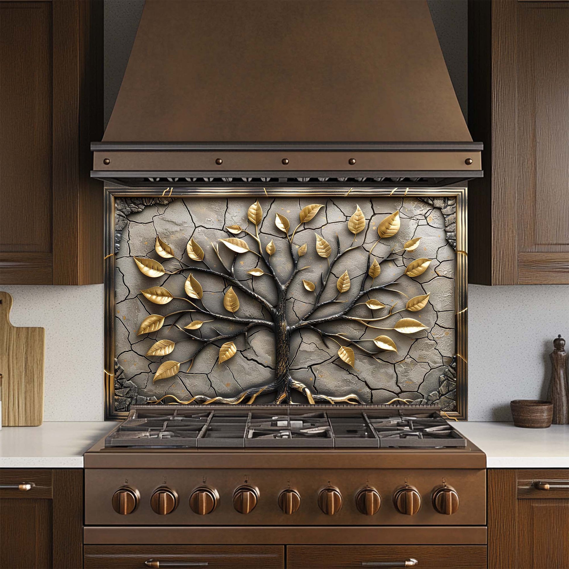 Stainless steel stove with decorative leaf pattern on the glass backsplash, set against a kitchen backdrop.