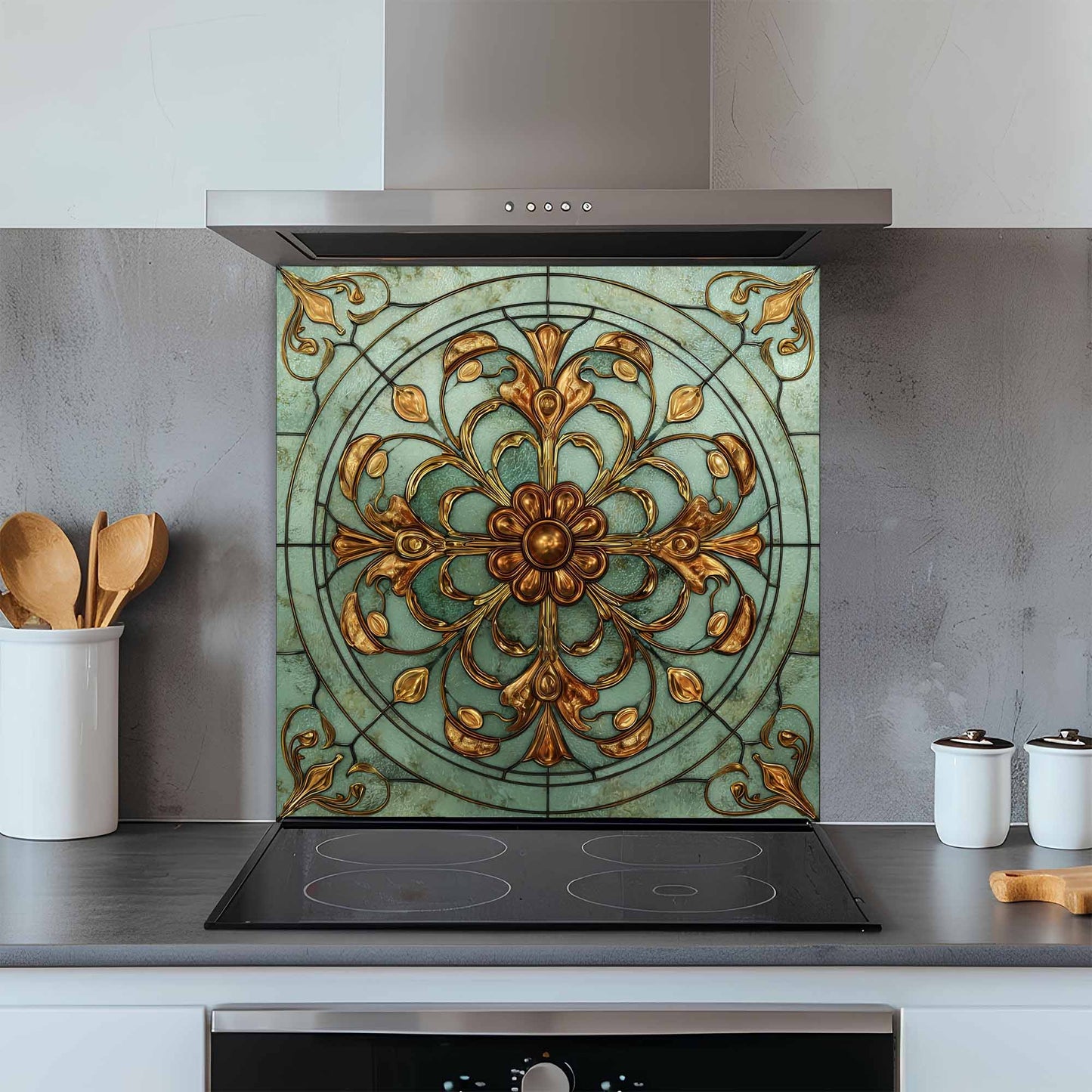 Decorative glass splashback with floral design above a kitchen stove.